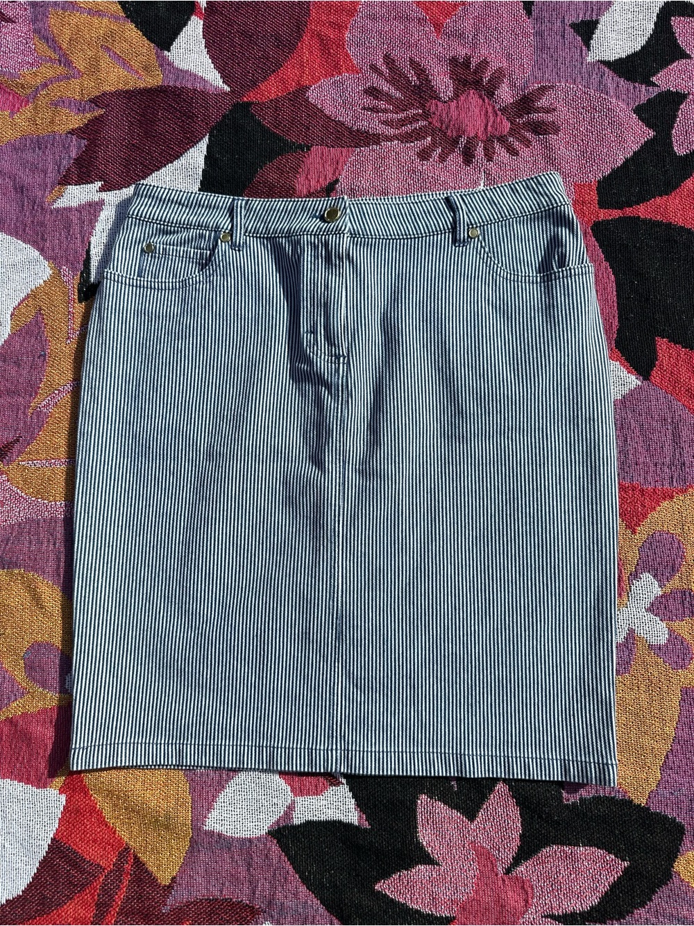 J. McLaughlin Blue and White Pinstripe Cotton Denim Pencil Skirt